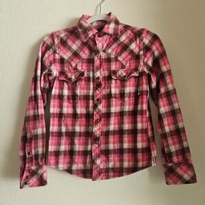 Women's Pink Plaid Button-Down Shirt - Casual Long Sleeve
